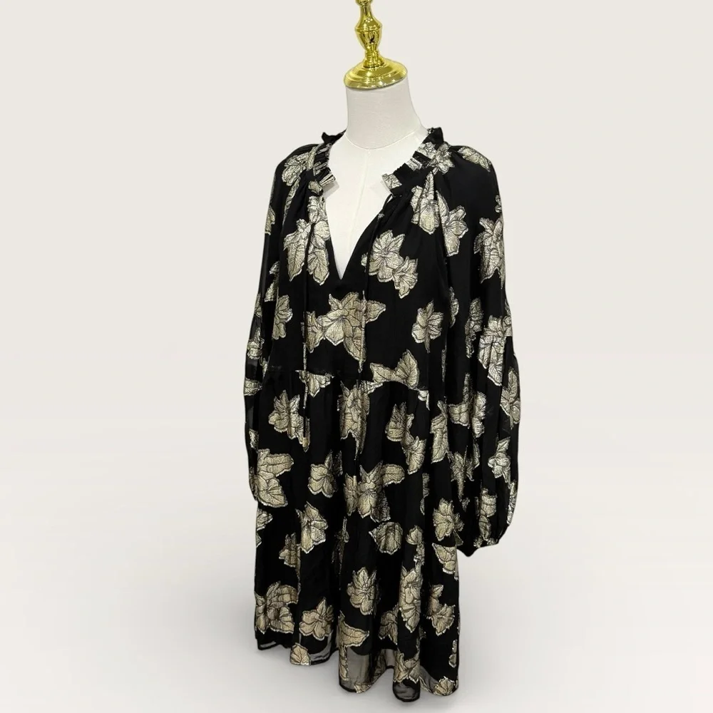 Tommy Bahama Shimmering Shores Long Sleeve Tiered Shift Dress Black Gold NWT